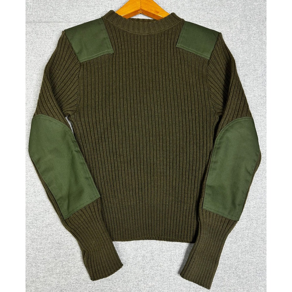 Vintage Military Commando Sweater 38 Green Wool Army Ribbed Elbow Patch